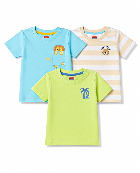 Babyhug 100% Cotton Knit Half Sleeves Striped & Animal Printed T-Shirts Pack of 3 - Light Blue Green & Beige