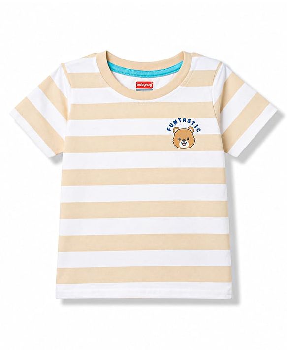 Babyhug 100% Cotton Knit Half Sleeves Striped & Animal Printed T-Shirts Pack of 3 - Light Blue Green & Beige