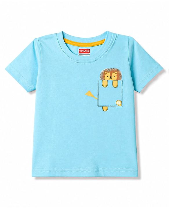 Babyhug 100% Cotton Knit Half Sleeves Striped & Animal Printed T-Shirts Pack of 3 - Light Blue Green & Beige