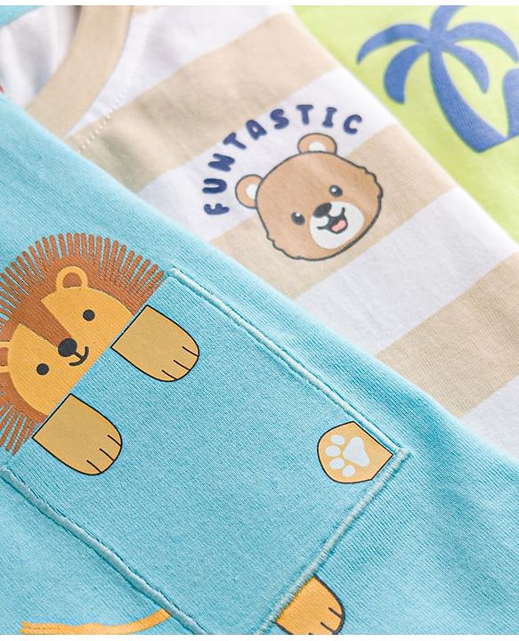 Babyhug 100% Cotton Knit Half Sleeves Striped & Animal Printed T-Shirts Pack of 3 - Light Blue Green & Beige
