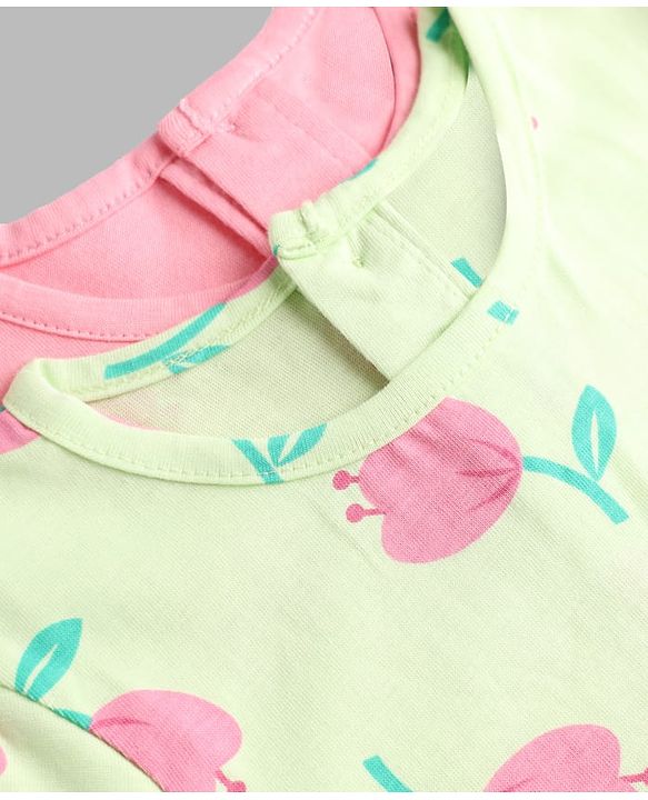 Babyhug Cotton Knit Half Sleeves Frocks with Floral Print Pack of 2 - Lemon Yellow & Pink