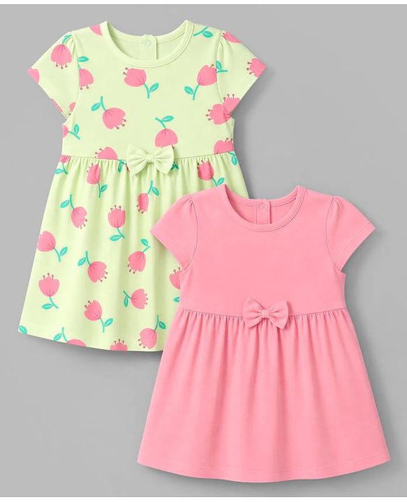 Babyhug Cotton Knit Half Sleeves Frocks with Floral Print Pack of 2 - Lemon Yellow & Pink