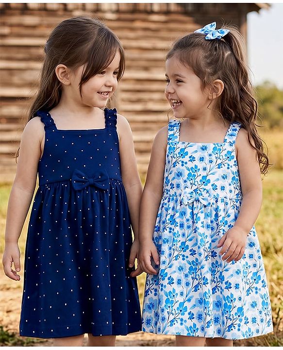 Babyhug Single Jersey Knit Sleeveless Polka Dots & Floral Printed Frocks With Bow Applique Pack Of 2 - Navy Blue & Light Blue