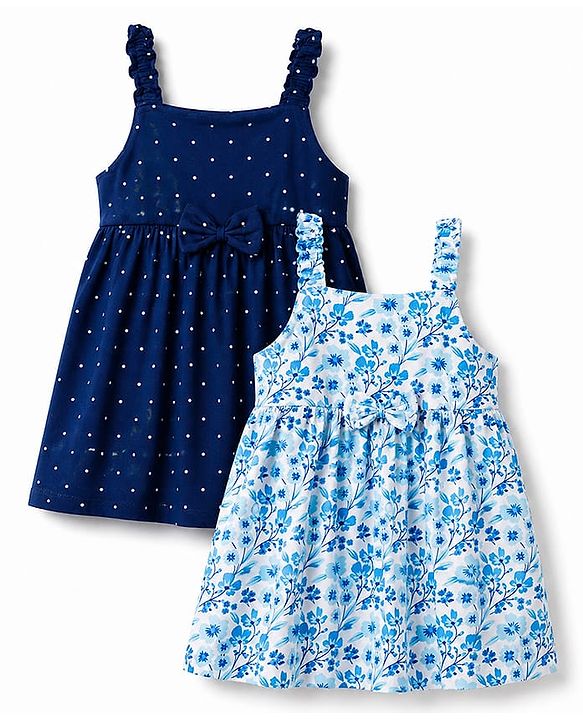 Babyhug Single Jersey Knit Sleeveless Polka Dots & Floral Printed Frocks With Bow Applique Pack Of 2 - Navy Blue & Light Blue