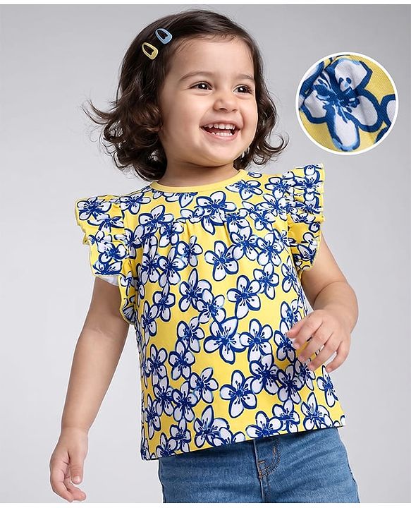 Babyhug 100% Cotton Knit Half Sleeves Floral Printed Top - Yellow
