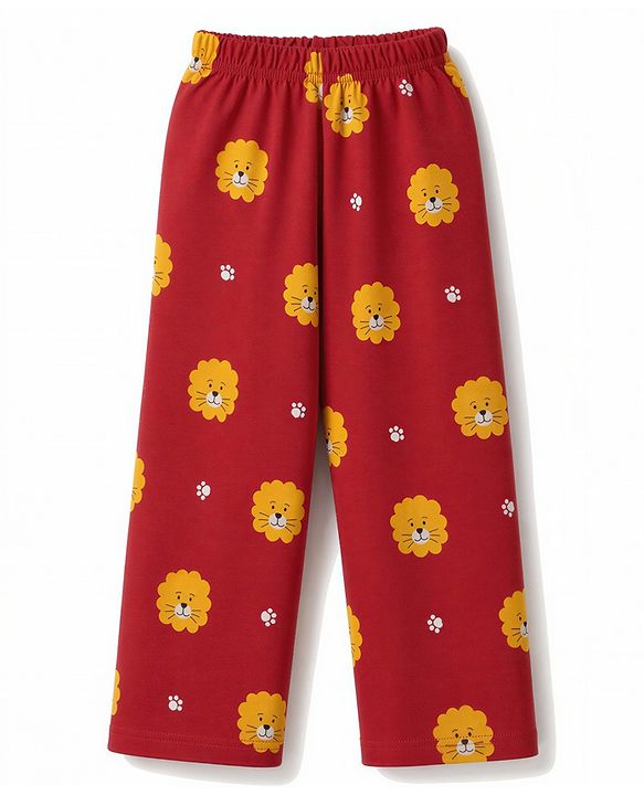 Babyhug 100% Cotton Knit Full Sleeves Co-Ords Shirt & Pyjama Night Suit with Lion & Paw Print - Maroon