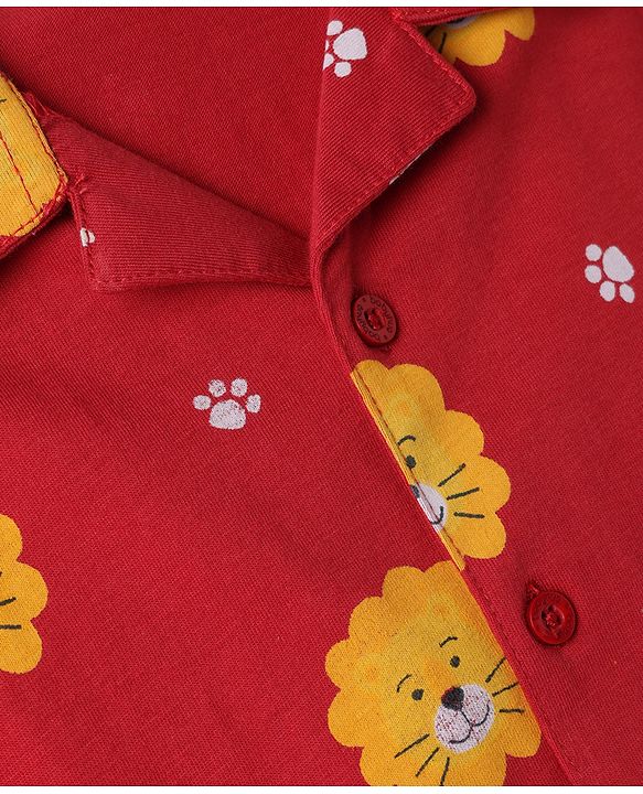Babyhug 100% Cotton Knit Full Sleeves Co-Ords Shirt & Pyjama Night Suit with Lion & Paw Print - Maroon