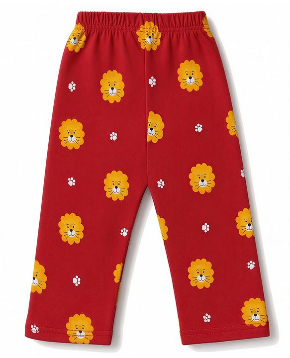 Babyhug 100% Cotton Knit Full Sleeves Co-Ords Shirt & Pyjama Night Suit with Lion & Paw Print - Maroon