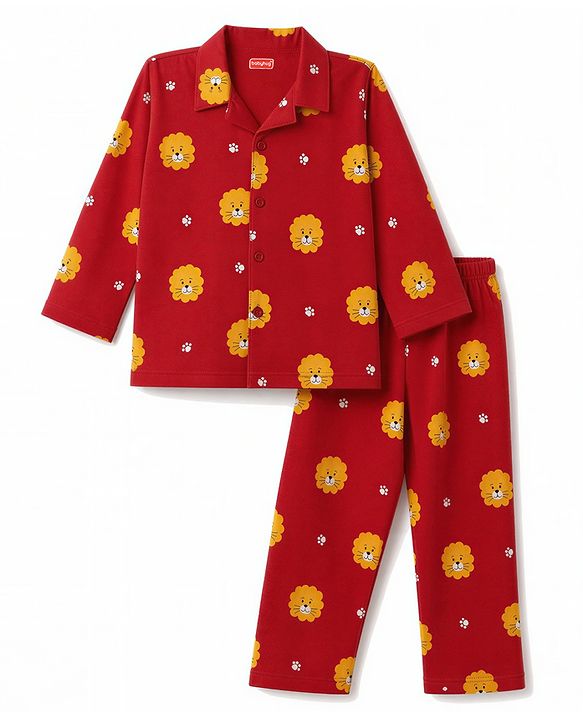 Babyhug 100% Cotton Knit Full Sleeves Co-Ords Shirt & Pyjama Night Suit with Lion & Paw Print - Maroon