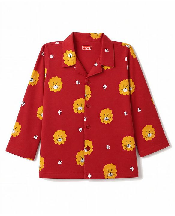 Babyhug 100% Cotton Knit Full Sleeves Co-Ords Shirt & Pyjama Night Suit with Lion & Paw Print - Maroon