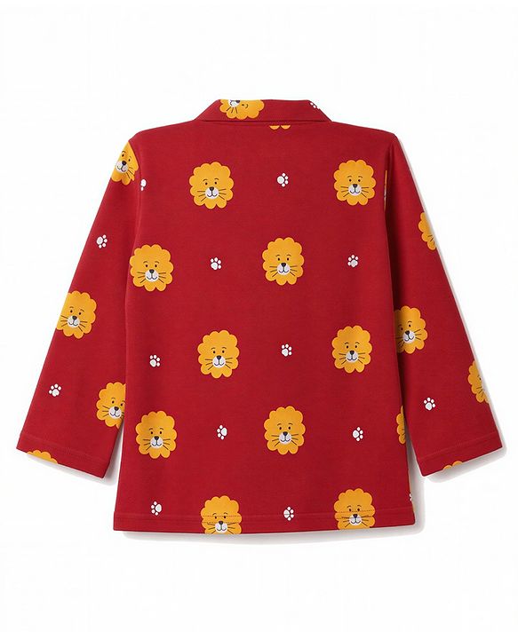 Babyhug 100% Cotton Knit Full Sleeves Co-Ords Shirt & Pyjama Night Suit with Lion & Paw Print - Maroon