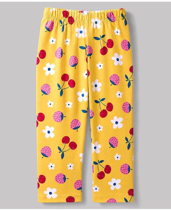 Babyhug 100% Cotton Knit Full Sleeves Co-Ords Shirt & Pyjama Night Suit with Floral & Tropical Print - Yellow