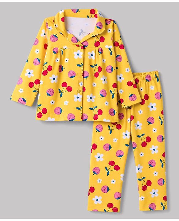 Babyhug 100% Cotton Knit Full Sleeves Co-Ords Shirt & Pyjama Night Suit with Floral & Tropical Print - Yellow