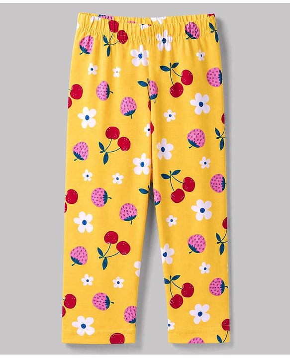 Babyhug 100% Cotton Knit Full Sleeves Co-Ords Shirt & Pyjama Night Suit with Floral & Tropical Print - Yellow