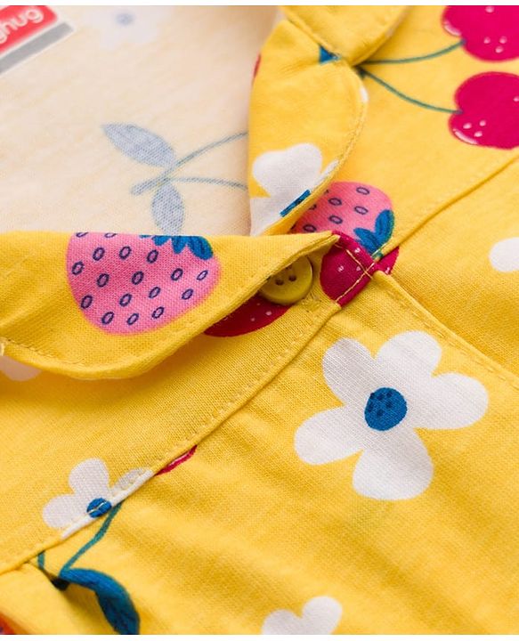 Babyhug 100% Cotton Knit Full Sleeves Co-Ords Shirt & Pyjama Night Suit with Floral & Tropical Print - Yellow