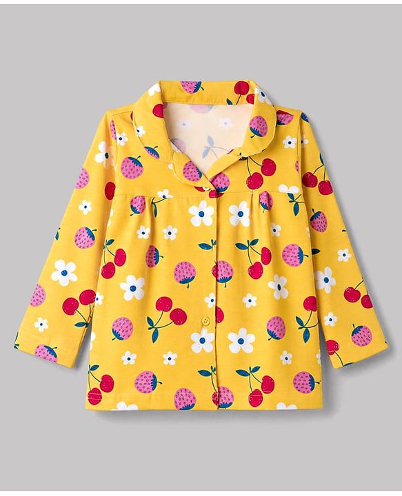 Babyhug 100% Cotton Knit Full Sleeves Co-Ords Shirt & Pyjama Night Suit with Floral & Tropical Print - Yellow