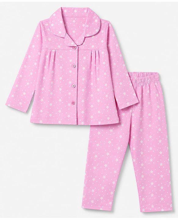 Babyhug 100% Cotton Knit Full Sleeves Co-Ords Shirt & Pyjama Night Suit with Star Print - Pink
