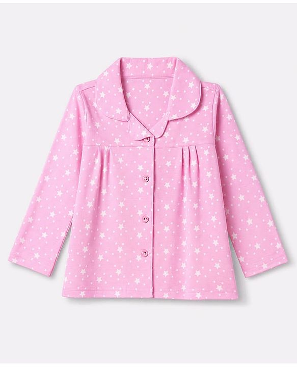 Babyhug 100% Cotton Knit Full Sleeves Co-Ords Shirt & Pyjama Night Suit with Star Print - Pink