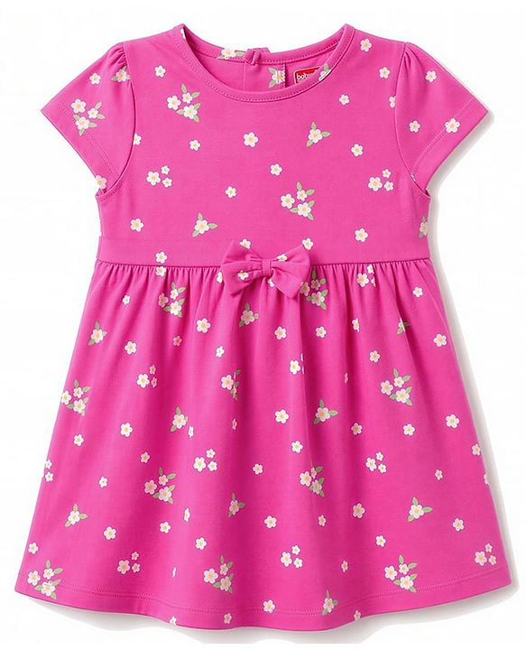 Babyhug Single Jersey Knit Half Sleeves Polka Dot & Floral Printed Frock With Bow Applique Pack of 2 - Pink & Navy Blue