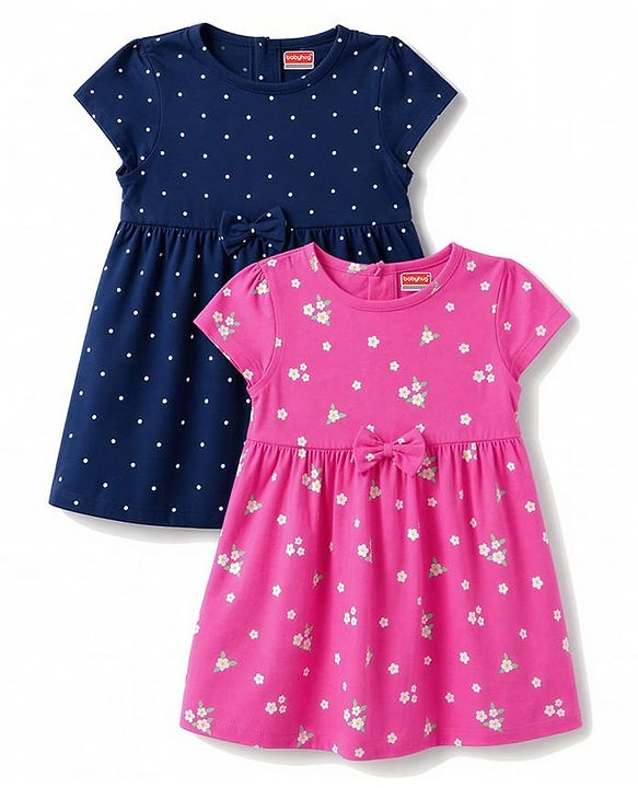 Babyhug Single Jersey Knit Half Sleeves Polka Dot & Floral Printed Frock With Bow Applique Pack of 2 - Pink & Navy Blue