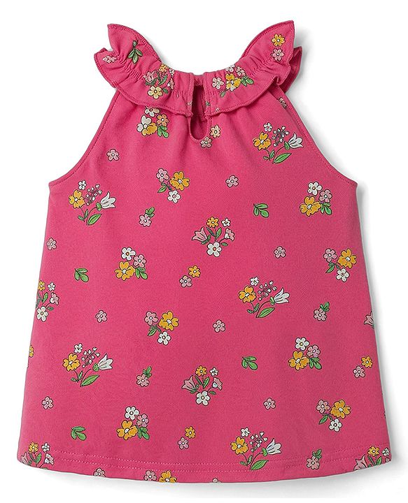 Babyhug 100% Cotton Knit Sleeveless Floral Printed Top - Dark Pink