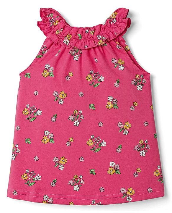 Babyhug 100% Cotton Knit Sleeveless Floral Printed Top - Dark Pink