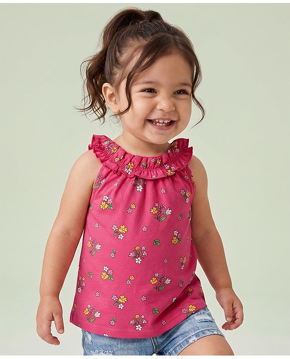 Babyhug 100% Cotton Knit Sleeveless Floral Printed Top - Dark Pink