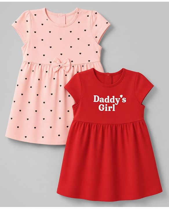 Babyhug Single Jersey Knit Half Sleeves Frock With Hearts & Daddy' Girl Print Pack Of 2 - Red & Peach