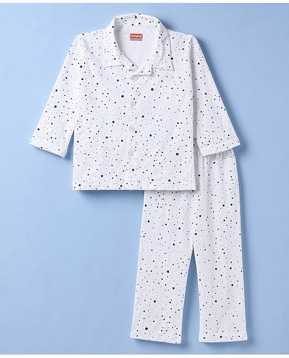 Babyhug 100% Cotton Knit Full Sleeves Front Open Co-Ords Doted Printed Shirt & Pajama Night Suit - White