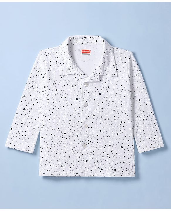 Babyhug 100% Cotton Knit Full Sleeves Front Open Co-Ords Doted Printed Shirt & Pajama Night Suit - White