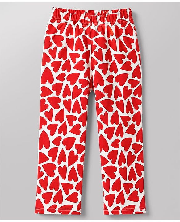 Babyhug 100% Cotton Knit Full Sleeves Co-Ords Shirt & Pyjama Night Suit with Heart Print - Red