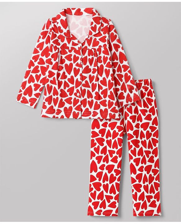 Babyhug 100% Cotton Knit Full Sleeves Co-Ords Shirt & Pyjama Night Suit with Heart Print - Red