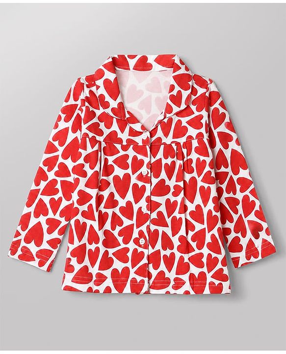 Babyhug 100% Cotton Knit Full Sleeves Co-Ords Shirt & Pyjama Night Suit with Heart Print - Red