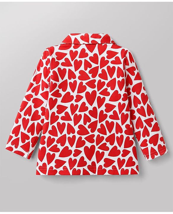 Babyhug 100% Cotton Knit Full Sleeves Co-Ords Shirt & Pyjama Night Suit with Heart Print - Red