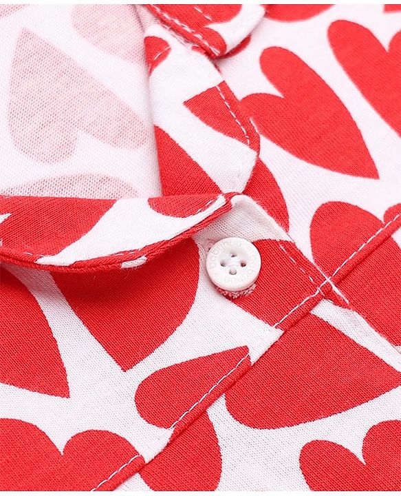 Babyhug 100% Cotton Knit Full Sleeves Co-Ords Shirt & Pyjama Night Suit with Heart Print - Red