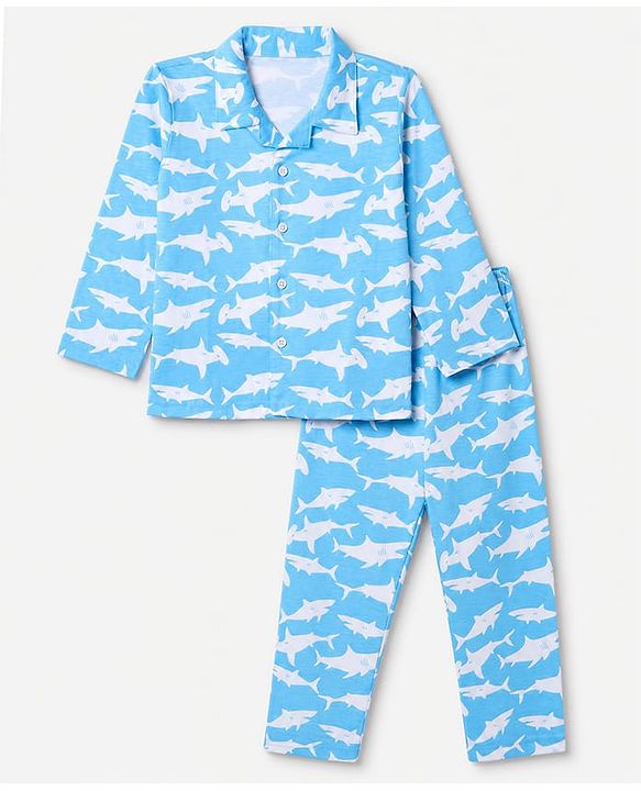 Babyhug 100% Cotton Knit Full Sleeves Co-Ords Shirt & Pyjama Night Suit with Shark Print - Sky Blue