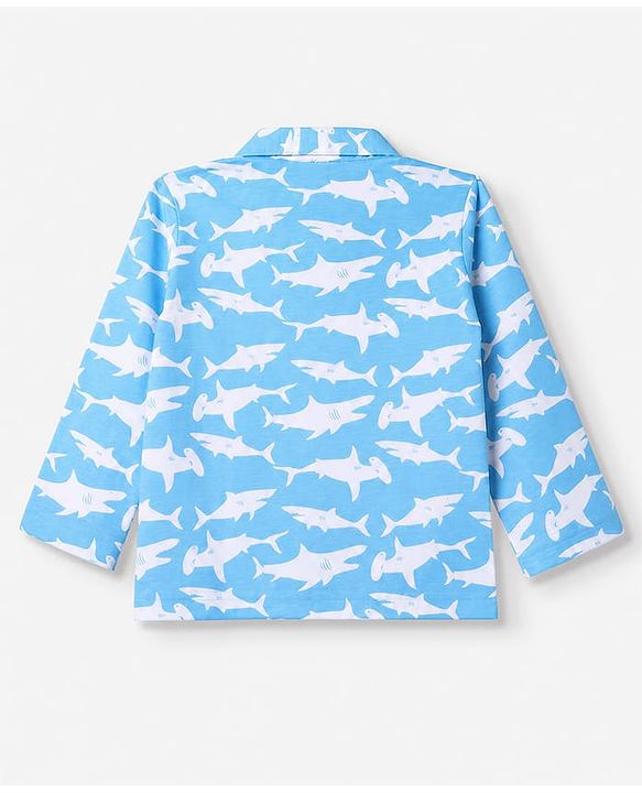 Babyhug 100% Cotton Knit Full Sleeves Co-Ords Shirt & Pyjama Night Suit with Shark Print - Sky Blue