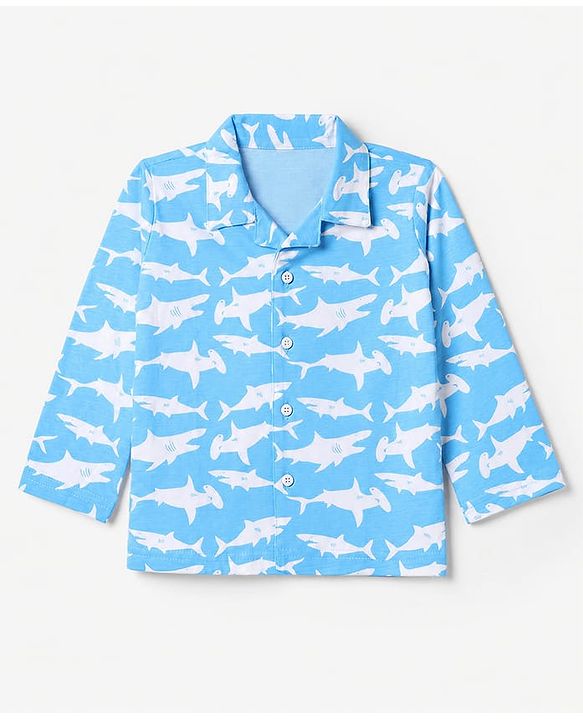 Babyhug 100% Cotton Knit Full Sleeves Co-Ords Shirt & Pyjama Night Suit with Shark Print - Sky Blue
