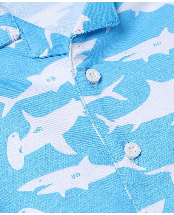 Babyhug 100% Cotton Knit Full Sleeves Co-Ords Shirt & Pyjama Night Suit with Shark Print - Sky Blue