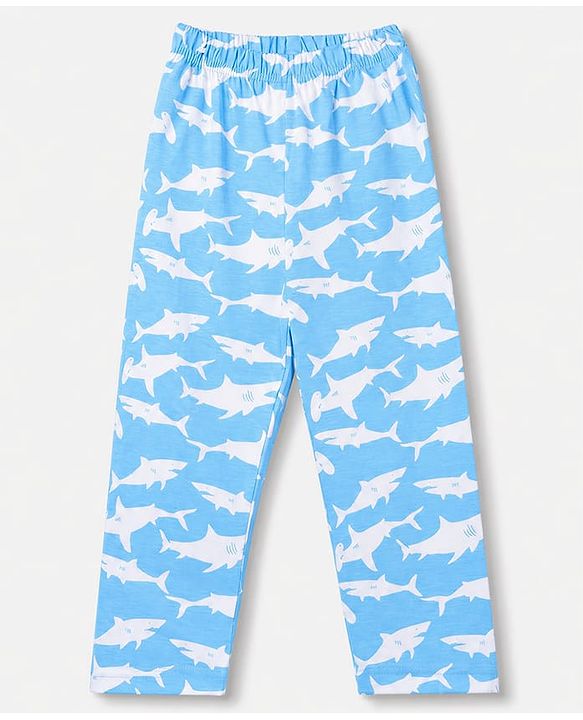 Babyhug 100% Cotton Knit Full Sleeves Co-Ords Shirt & Pyjama Night Suit with Shark Print - Sky Blue