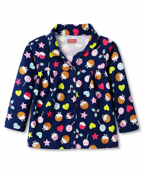 Babyhug 100% Cotton Knit Full Sleeves Shirt & Pyjama Night Suit with Cup Cake Print - Navy Blue