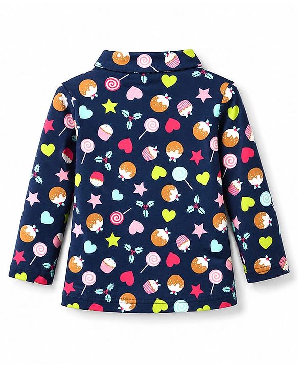 Babyhug 100% Cotton Knit Full Sleeves Shirt & Pyjama Night Suit with Cup Cake Print - Navy Blue