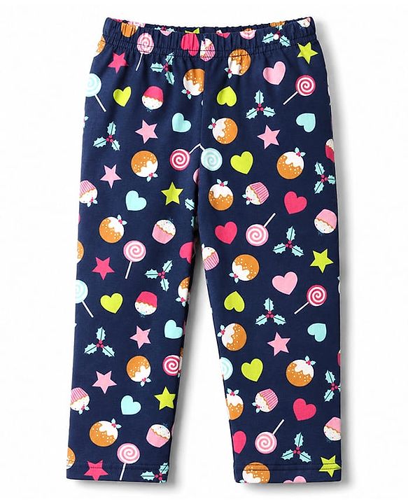 Babyhug 100% Cotton Knit Full Sleeves Shirt & Pyjama Night Suit with Cup Cake Print - Navy Blue