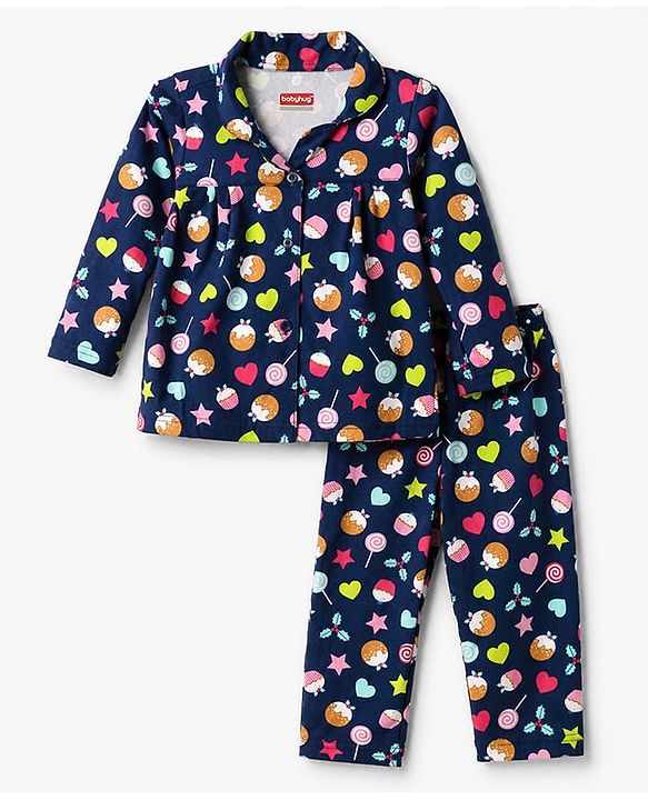 Babyhug 100% Cotton Knit Full Sleeves Shirt & Pyjama Night Suit with Cup Cake Print - Navy Blue