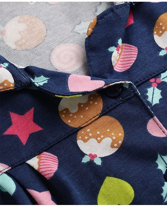 Babyhug 100% Cotton Knit Full Sleeves Shirt & Pyjama Night Suit with Cup Cake Print - Navy Blue