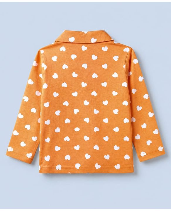 Babyhug Cotton Knit Full Sleeves Front Open Co-ord Shirt & Pajama Night Suit with Hearts Print - Orange