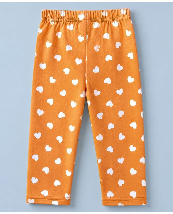 Babyhug Cotton Knit Full Sleeves Front Open Co-ord Shirt & Pajama Night Suit with Hearts Print - Orange