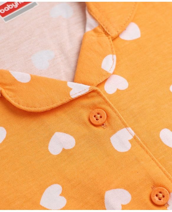 Babyhug Cotton Knit Full Sleeves Front Open Co-ord Shirt & Pajama Night Suit with Hearts Print - Orange