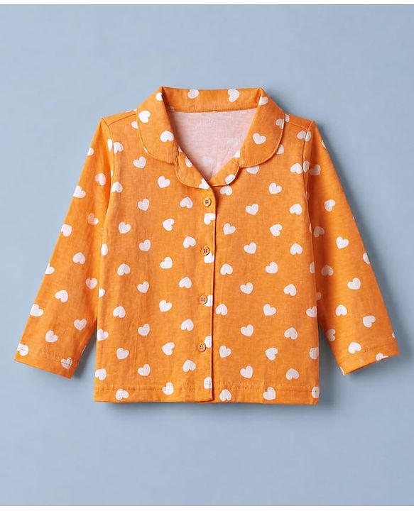 Babyhug Cotton Knit Full Sleeves Front Open Co-ord Shirt & Pajama Night Suit with Hearts Print - Orange
