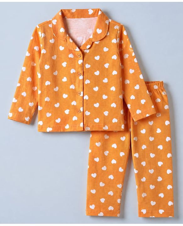 Babyhug Cotton Knit Full Sleeves Front Open Co-ord Shirt & Pajama Night Suit with Hearts Print - Orange